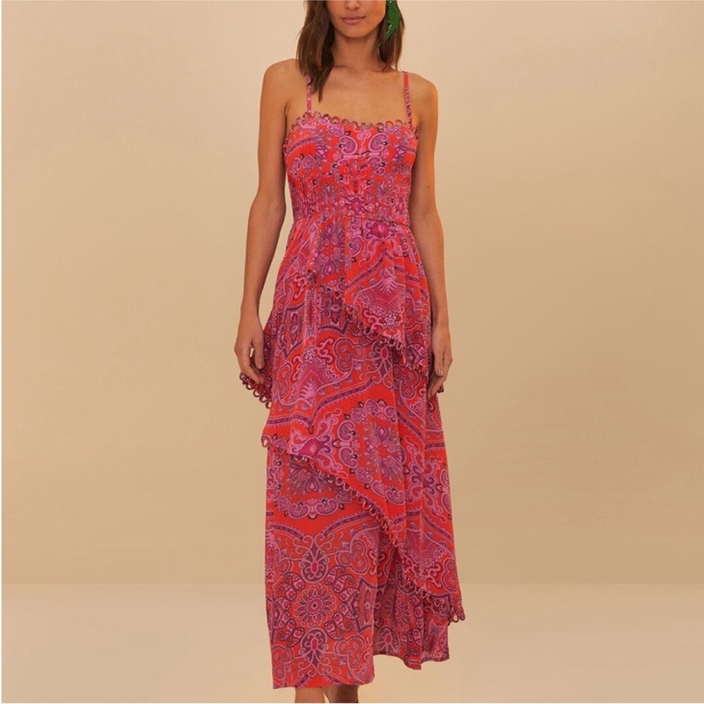 FARM Rio Red Paisley Scarf Loopy Trim Maxi Dress